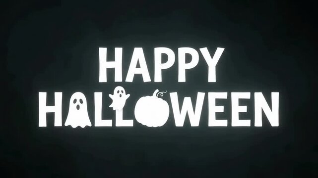 Glowing white Happy Halloween text with creative ghost and pumpkin silhouettes integrated into the typography against a dark animated video background
