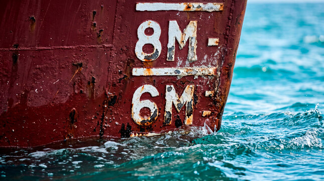 Draft marks on a ship hull in turquoise water with bokeh effect