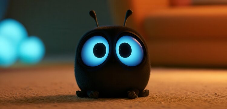 Cute black bug with big blue eyes sitting on a carpet inside a cozy room
