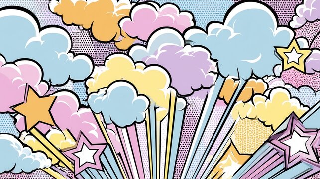 Colorful clouds and stars in a vibrant pop art style design