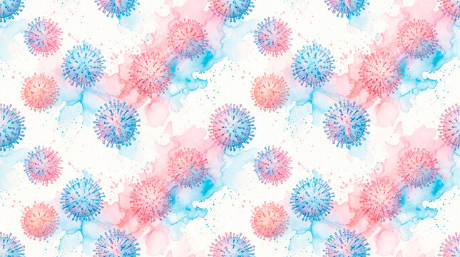Watercolor virus particles in a seamless pattern with pink and blue tones on a white background
