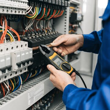 Professional electrician using a digital multimeter to test a complex circuit breaker