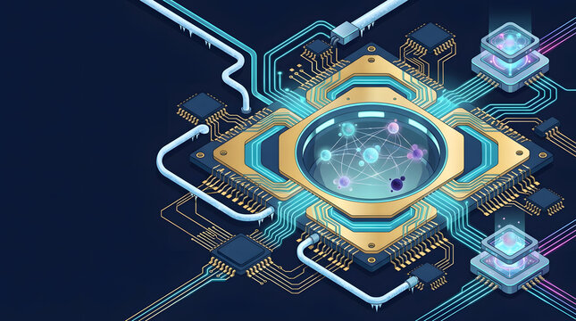 Isometric quantum computing processor chip circuit board with glowing qubits and cryogenic cooling pipes abstract technology concept