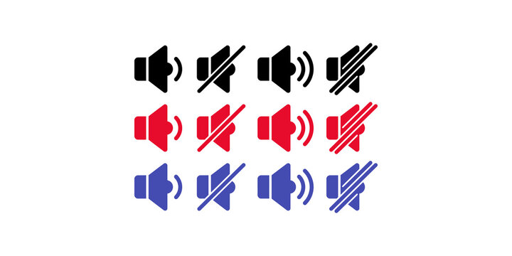 Speaker volume control audio icons pack in black red and blue colors for multimedia interface templates.