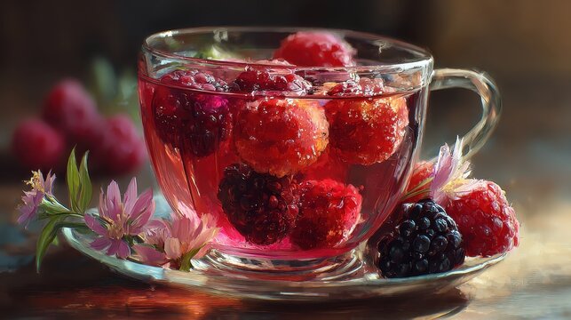Refreshing berry tea in a glass cup with fresh raspberries and blackberries on wooden surface