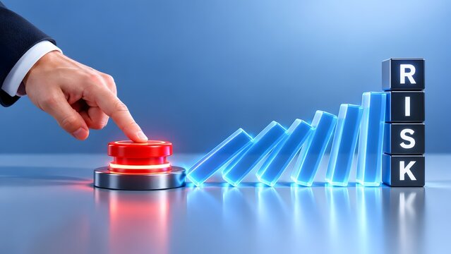 Hand pushing glowing red button to stop falling blue domino blocks towards risk text, proactive business crisis management concept