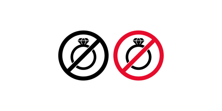 No rings allowed prohibition icon set of jewelry diamond ring in black and red circles for safety control.