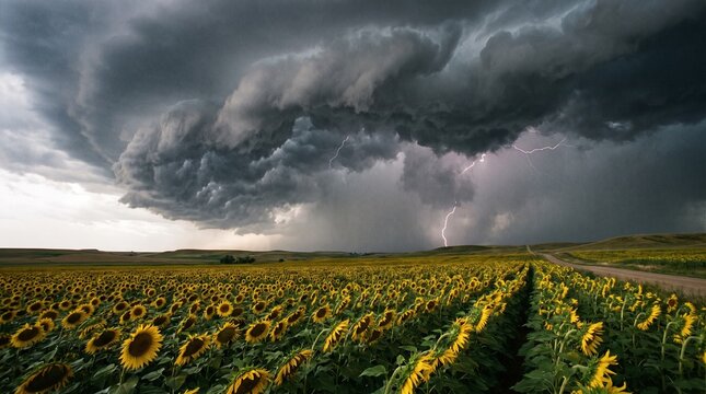 Sunflower Field Beneath Massive Storm Clouds with Striking Lightning Bolts