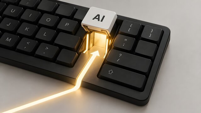 Black computer keyboard with an open glowing white AI keycap and an arrow pointing inside, concept of artificial intelligence integration and future technology