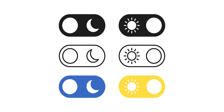 Dark mode and light mode toggle switch icons, sun and moon symbols, for user interface design.