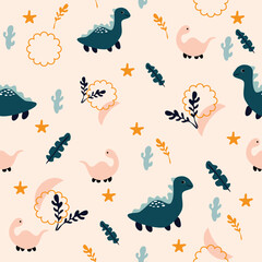 Hand-Drawn Dinosaur and Plant Pattern Background © faisal