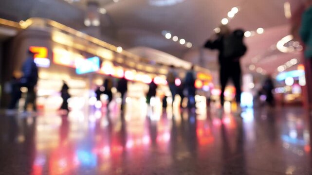 Out-of-focus view of silhouetted passengers carrying luggage and walking through spacious international airport terminal hall with glowing duty free shop storefronts reflecting on glossy floor.
