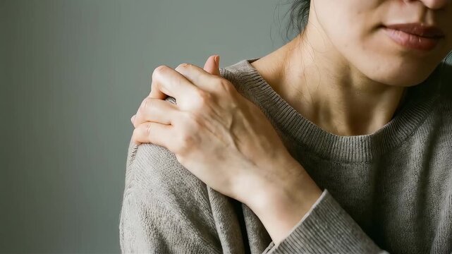 肩を押さえる女性の手元のクローズアップ