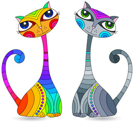 Fototapeta premium Set of stained glass elements with rainbow cats , isolated images on white background