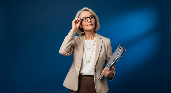 Elegant senior woman in business attire adjusts glasses, holding documents, symbolizing wisdom, professionalism, and success, ideal for corporate themes.