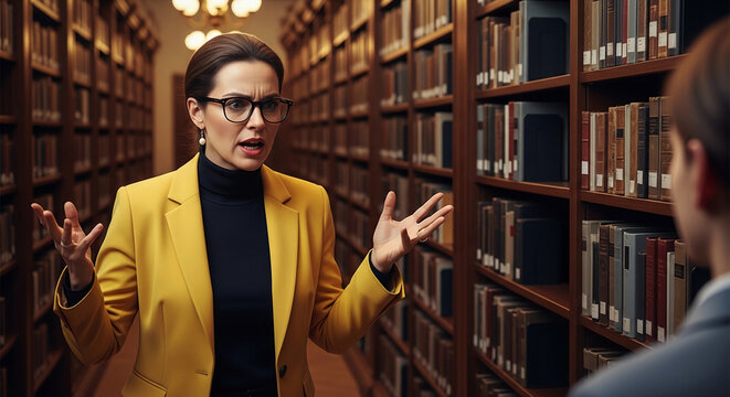 Woman speaking emphatically in library with bookshelves, symbolizing knowledge, education, or intellectual debate, with space for text.