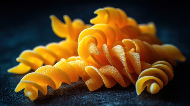 Close-up of fresh uncooked yellow fusilli pasta on dark textured background for cooking and culinary concept