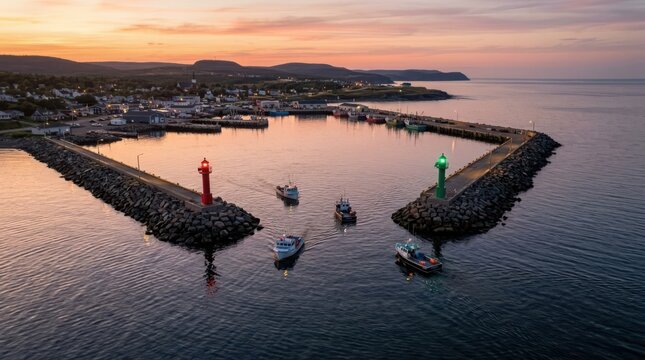 Boats navigate a scenic harbor entrance marked by red and green lighthouses at sunset