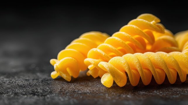 Close-up of uncooked yellow fusilli pasta arranged on a dark textured surface for food photography displaying fresh raw ingredients