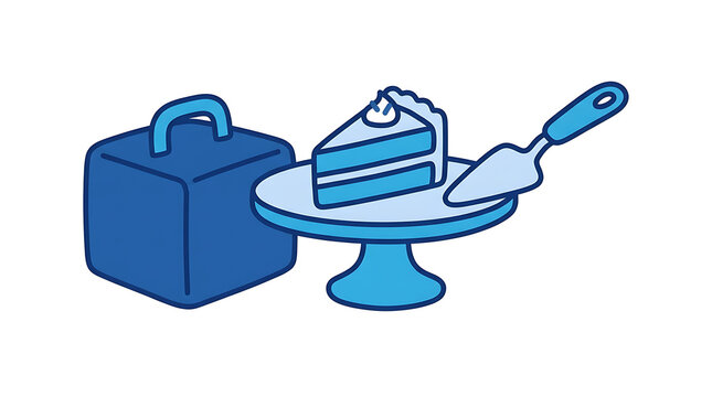Blue bakery icon set featuring a cake slice on a stand with a serving tool