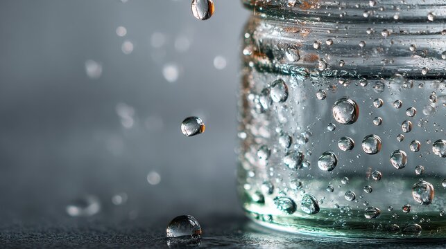 Close-up of water droplets bouncing and sticking on the surface of a glass jar with condensation