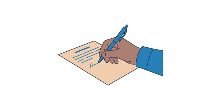 Person writing on paper with blue pen, signing document or taking notes in business setting.