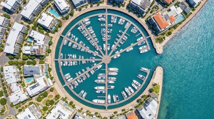 Obraz premium Circular Marina Basin Filled With Numerous Boats and Yachts Seen From Above, Surrounded by Coastal Architecture and Waterways