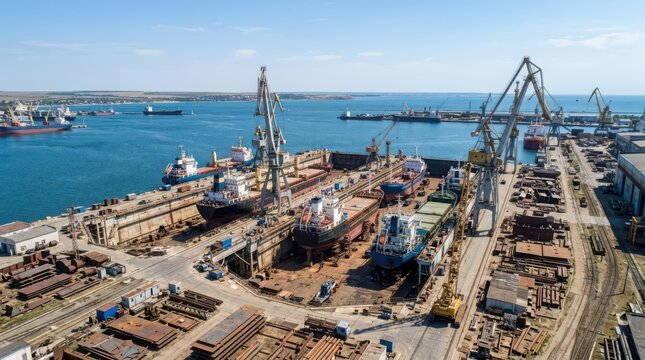 Busy shipyard dry dock with multiple ships undergoing repair and construction, aerial view of marine industrial activity