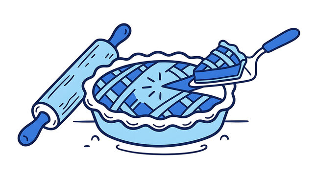 Blue line art illustration of a baked pie with a rolling pin and server