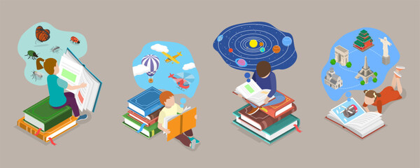 Fototapeta premium 3D Isometric Flat Vector Illustration of Reading Kids, Children Gain Knowledge Through Reading JuvenileS Literacy Improvement With Books