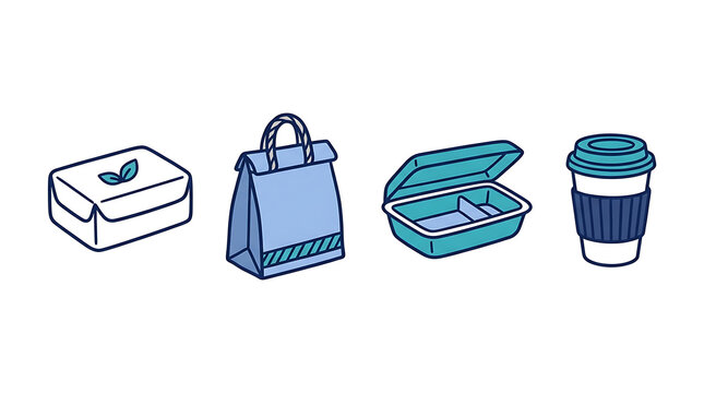 Set of bakery and food delivery packaging icons in a flat vector style