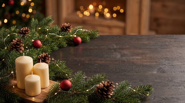 Cozy Christmas background with cream candles, green fir branches and warm lights on dark rustic wooden table