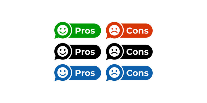 Pros and cons text banners set with speech bubble icons in multiple colors for comparative list design.