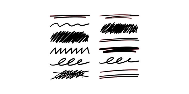 Hand drawn black scribble brushes set featuring varied textures strokes and lines for artistic graphic design.