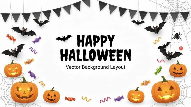 White festive layout framed by black bunting flags, flying bats, glowing pumpkins, and spiderwebs with Happy Halloween text in an animated video background
