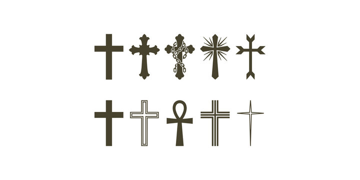 Collection of various cross symbols and ankh in brown tones for religious and spiritual themes.