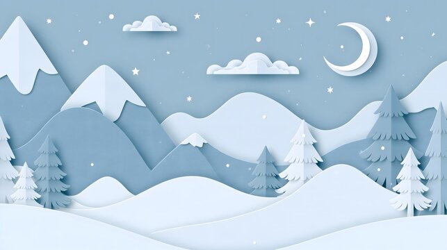 layered paper cut winter background featuring snowy mountains, pine trees, falling snow, crescent moon and tiny stars, dimensional handmade paper craft style, soft blue white and silver palette,