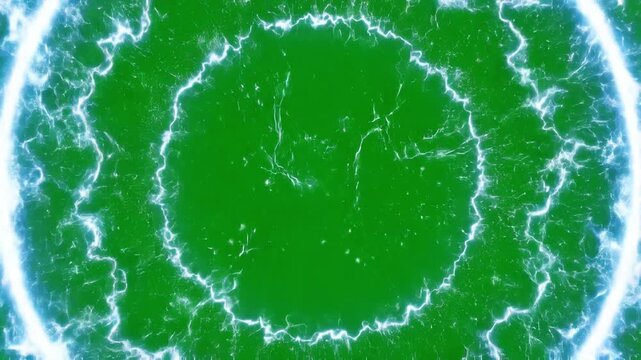 Energy shockwave expanding on green screen, electric circular ripple burst with blue lightning and spa