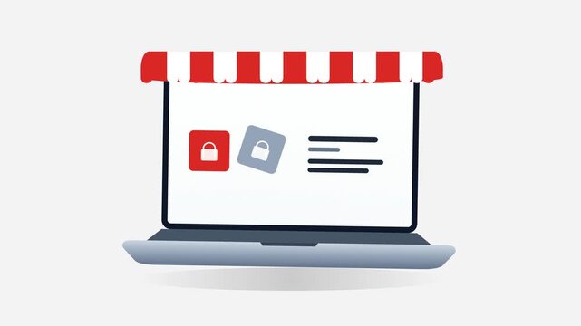 Online shopping laptop animation for ecommerce payment and digital storefront concept
