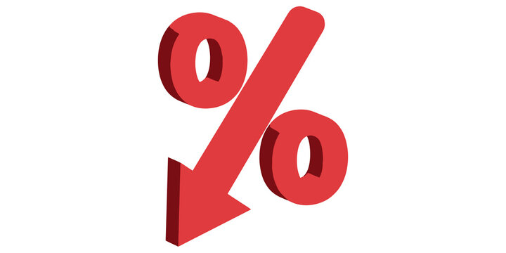 Red percent sign with downward arrow indicates decreasing interest rates and financial market decline concept.
