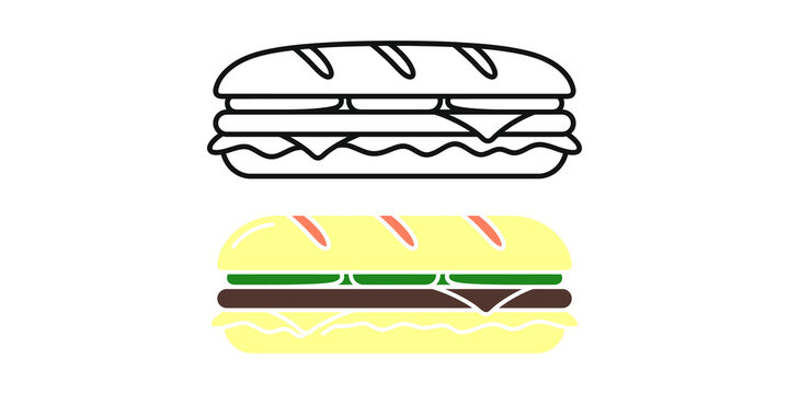 Sub sandwich icon set featuring line art and colored vector illustrations for fast food menu designs.