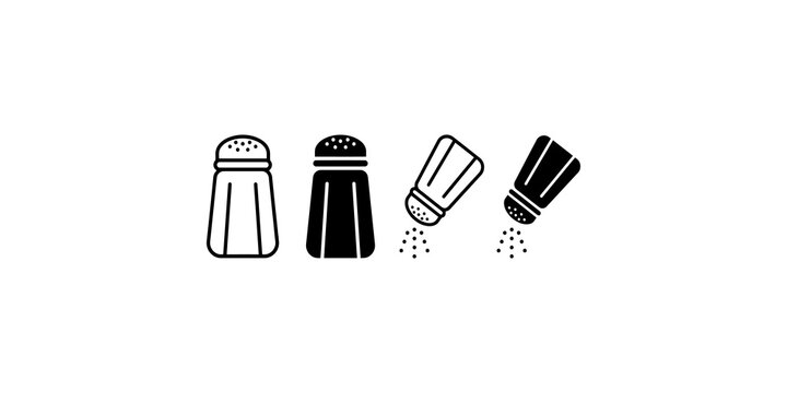 Salt shaker icons set featuring black minimalist linear and solid graphic designs for kitchen food usage.