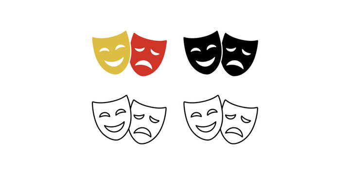 Theatrical drama and comedy masks set displays colorful and monochrome faces for entertainment performances.