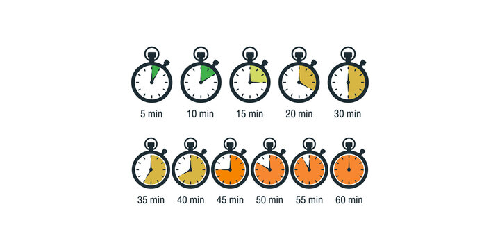 Stopwatch countdown timer icons showing time intervals from five to sixty minutes for productivity tracking.