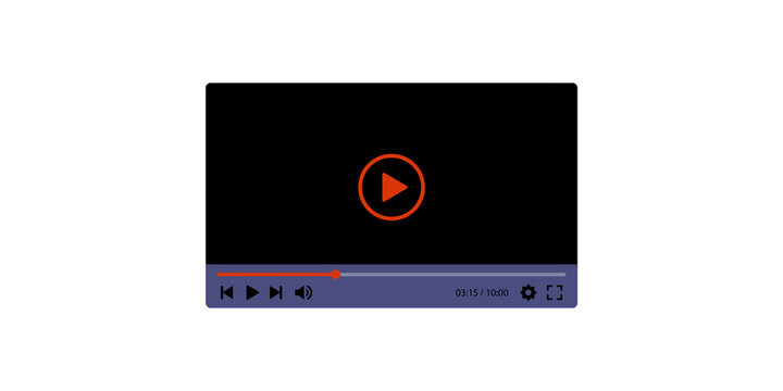 Minimalist black and purple video player interface with orange play button and progress bar.