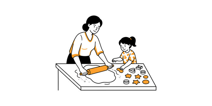Mother and daughter baking cookies together with dough and cutters on table.