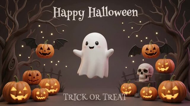 Cute 3D floating ghost surrounded by glowing Jack-o'-lanterns and magical lights with Happy Halloween greeting text in an animated video background
