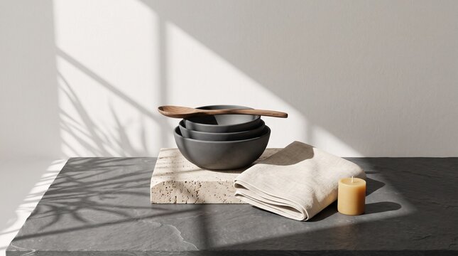 Minimalist Wellness Composition with Charcoal Unglazed Ceramic Bowls, Linen Textile, and Raw Slate in Dappled Natural Daylight