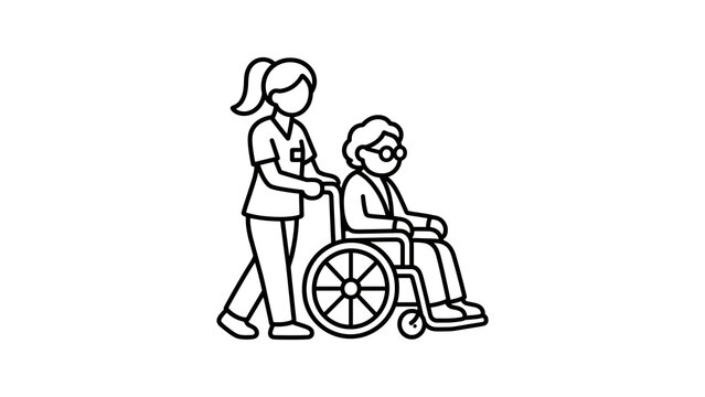 Female nurse pushing elderly patient in wheelchair outline icon art.