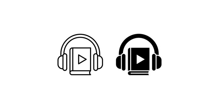 Outline and solid black icons of headphones over a book for audiobook concept.